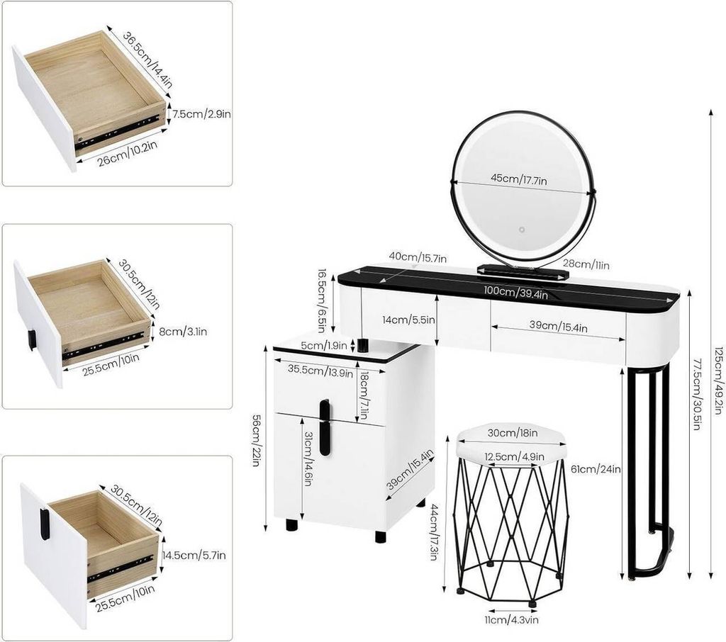 WOLTU Schminktisch mit LED,, Spiegel, Samthocker, Produktbild 3