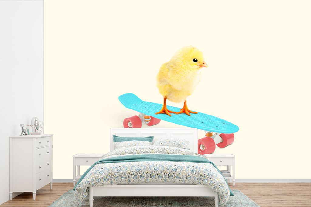 MuchoWow Fototapete für Wohnzimmer oder Schlafzimmer Wandtapete Vinyl Motivtapete Küken - Gelb - Skateboard - Blau - Tiere - 525x350 cm - Das H...
