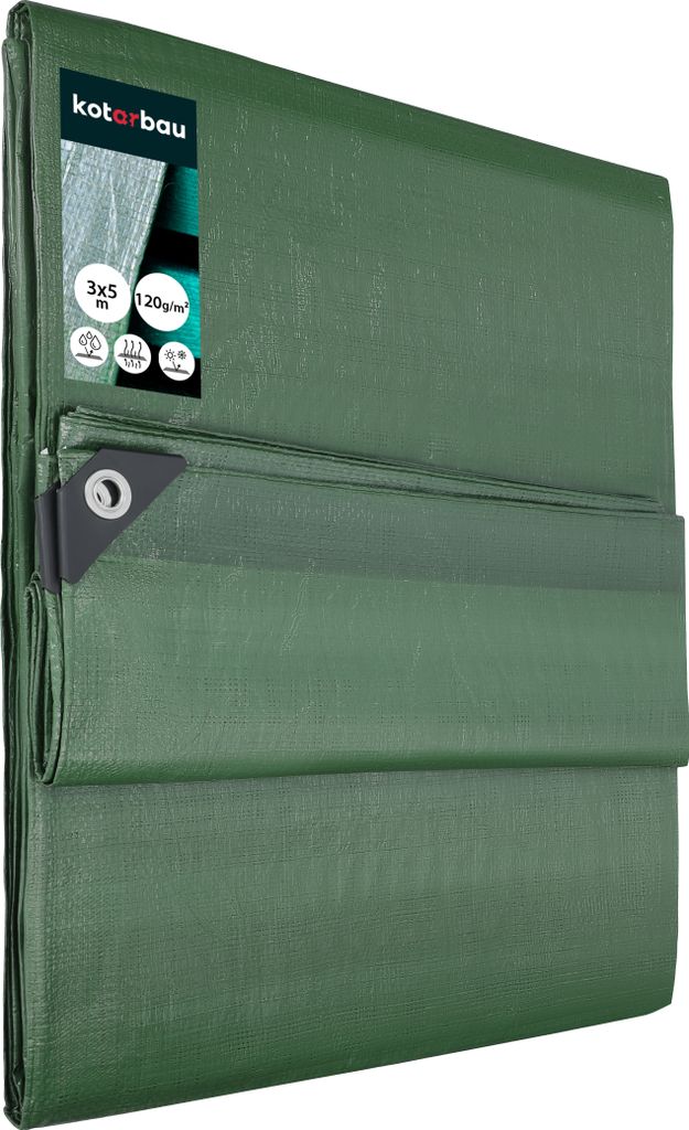 A folded green tarp with a label showing product details.
