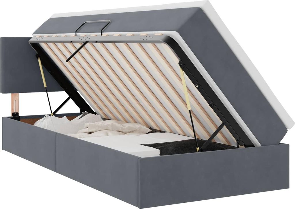 Bett mit Stauraum und LED mit LED Dunkelgrau 90 x 190 cm Samt