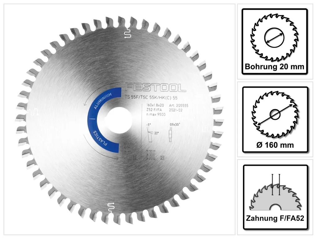 Festool Lama circolare Aluminio / Plastica HW 160 x 1,8 x 20 mm F/FA52 ( 205555 ) - per seghe ad immersione TS 55 F, TSC 55 K / seghe circolari HK 55, HKC 55
