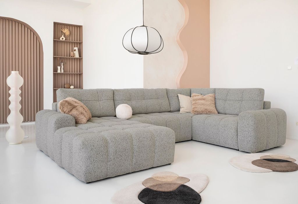 MIUFORM Lulu Ecksofa mit Bettfunktion und Bettkasten U-FORM RECHTS – 333 x 213 cm - Grau - Sofa Schlafsofa Couch Modulsofa