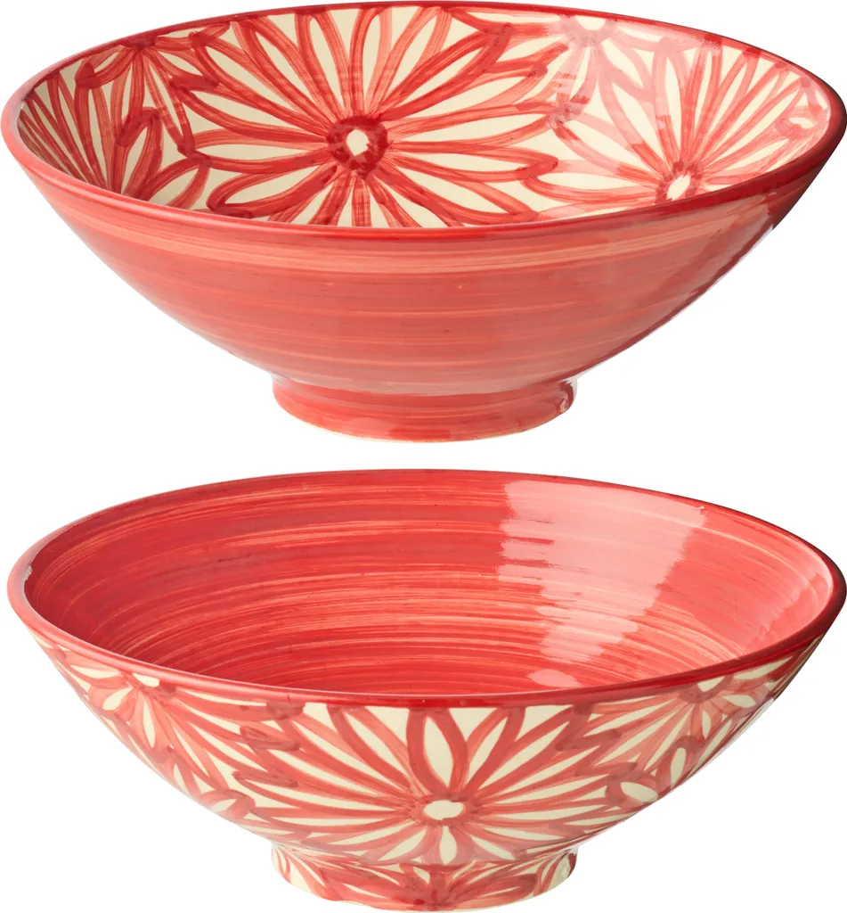 J-Line Bol Lebrillo avec Fleurs en Céramique Rouge Assortis - Set de 2