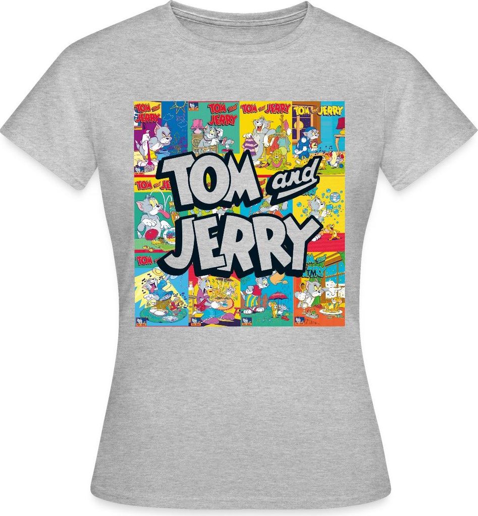 Spreadshirt Tom Und Jerry Logo Mit Vintage-Cover Collage Frauen T-Shirt, XL, Grau meliert