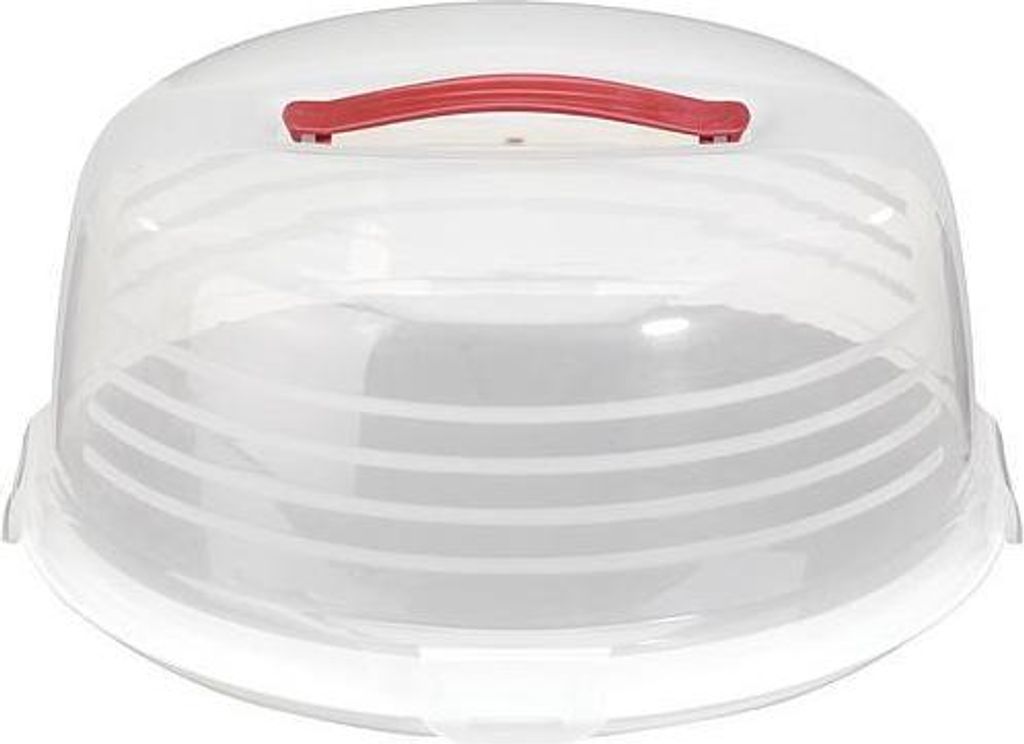 A clear plastic cake carrier with a red handle.