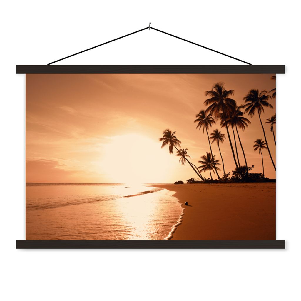 MuchoWow Textilposter Sonnenuntergang - Tropisch - Palme - Strand - Meer 60x40 cm mit schwarzem Rahmen - Hölzernes