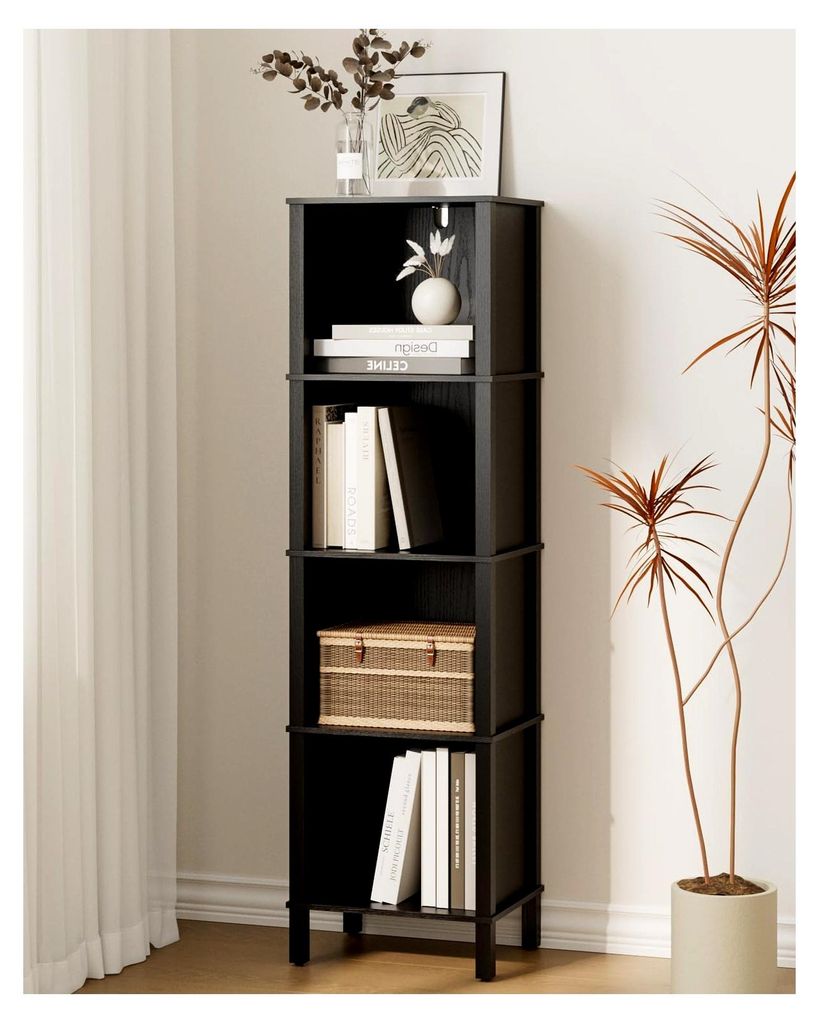Bücherregal mit 4 Ebenen, Bücherschrank, Eckregal, Aufbewahrungsregal für Wohnzimmer, Büro und Schlafzimmer, Schwarz