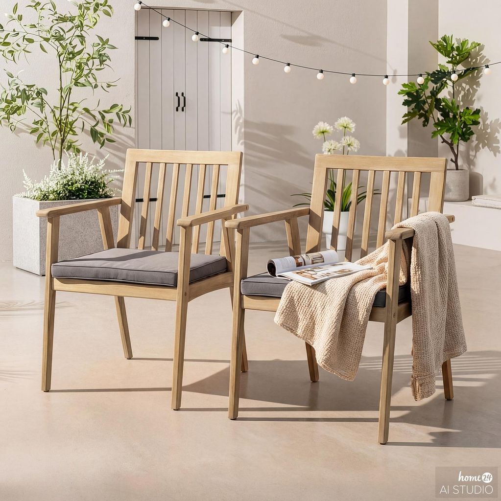 home24 Gartenstuhl - 2er-Set - Akazie Massiv / Polyester - Braun / Grau