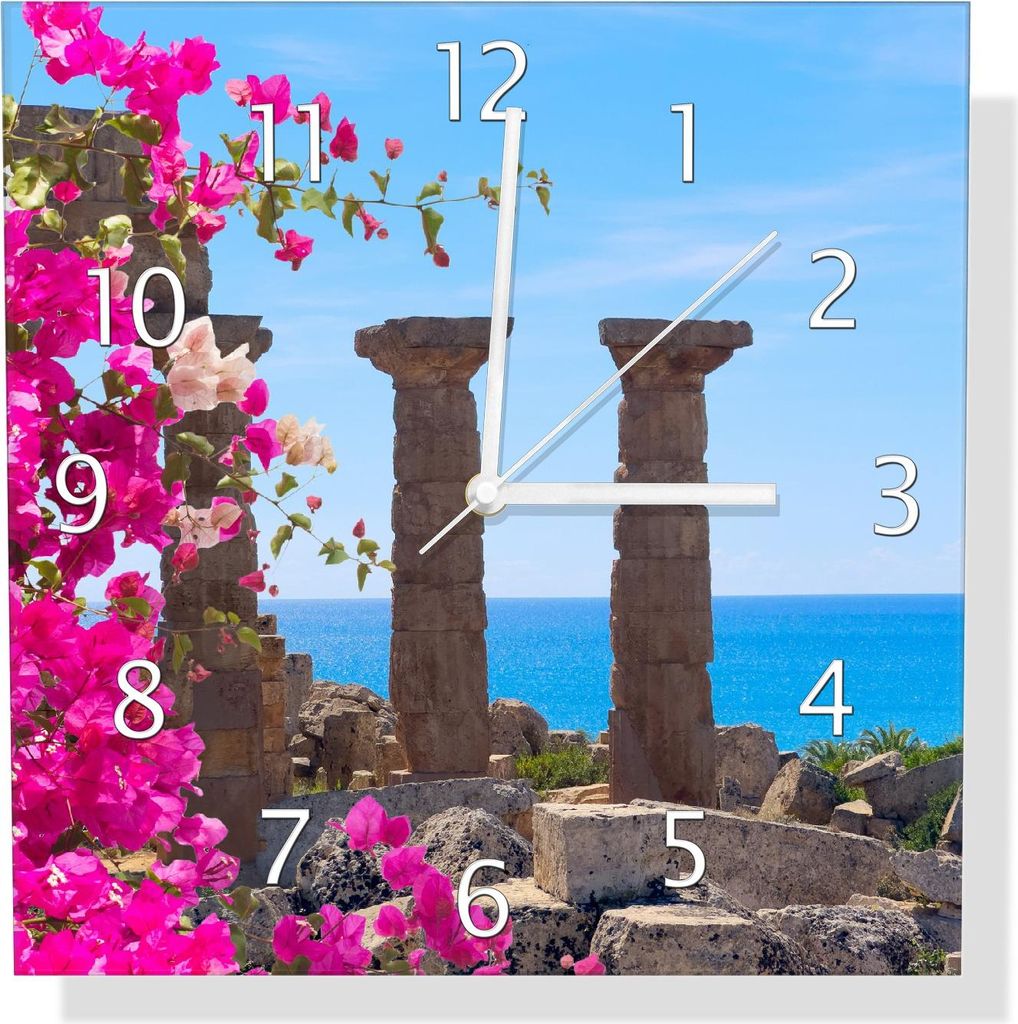 Wallario Design Wanduhr Antike Säulen am Meer aus Echtglas, Größe 30 x 30 cm