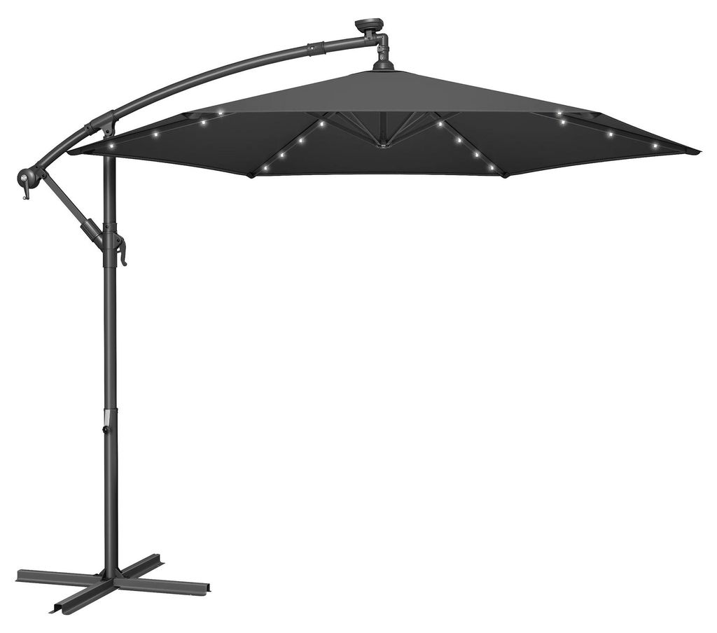 Garten Ampelschirm 3 m - Hängender Sonnenschirm mit Ständer - UPF 50+ UV-Schutz - 32 solarbetriebene LED - Edelstahlmast - Grau