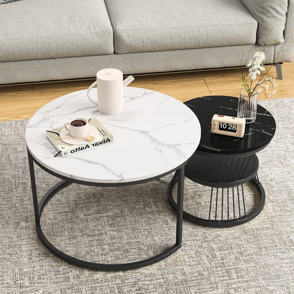 Set 2 Tavolini da Caffè Multifunzionali Marmo | Arredo Soggiorno Moderno