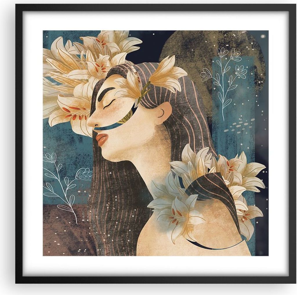Gerahmtes Poster - Schwarzer Rahmen - Surreal Frau Blumen - 50x50 cm - Wand Bild - Wanddeko - Wandbilder - Kunstposter - Wandposter - Bilderrahmen ...