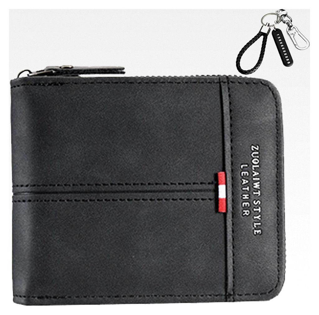 Herren Brieftasche Querformat RFID Schwarz | Leder Geldbörse mit Klappe & 6 Kartenfächern | 12x9,5x2,5 cm | Inkl. Schlüsselanhänger mit Zahlen