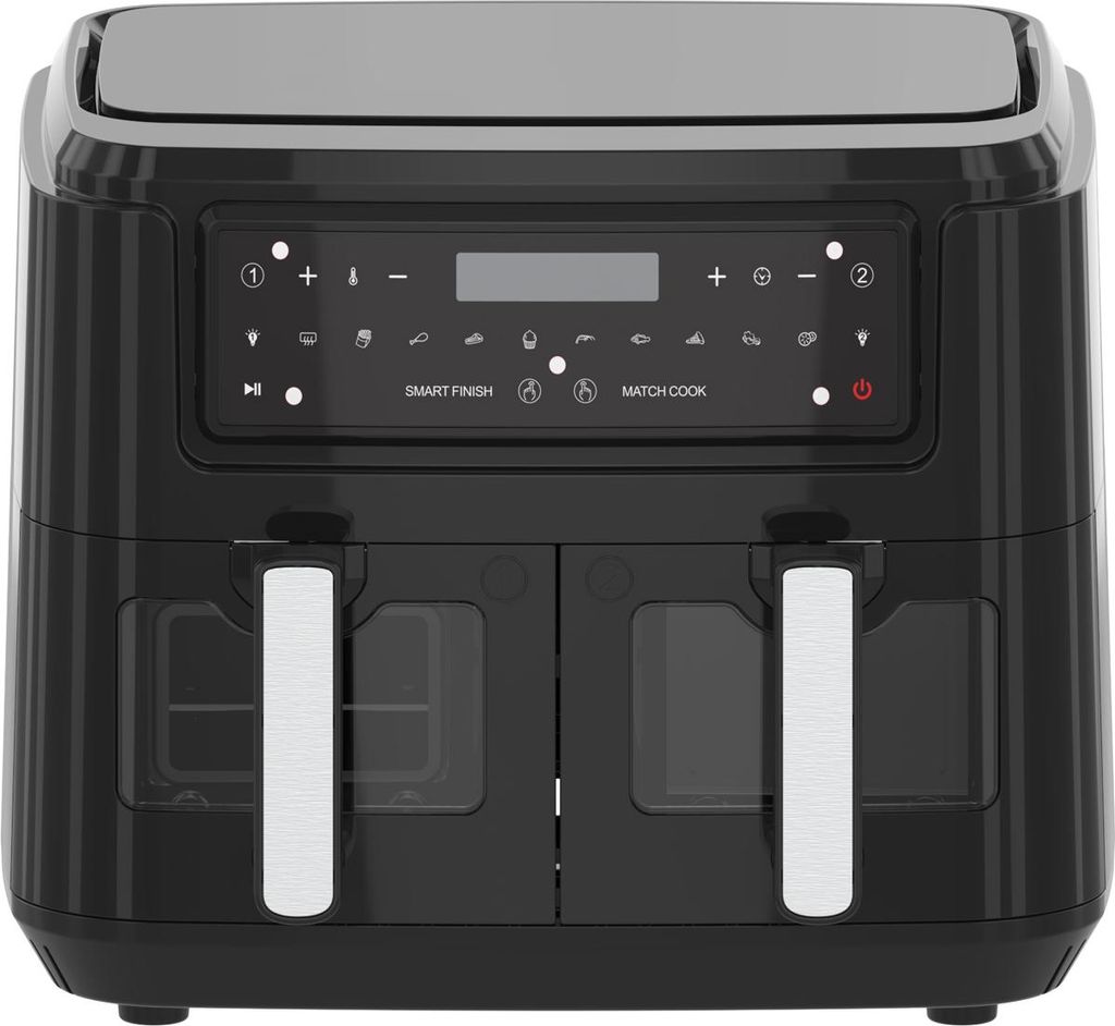 KitchenBrothers Heißluftfritteuse Dual Zone 9L - Doppel Airfryer XXL 2400W - 2 x 4,5L - 10 Kochprogramme - Schwarz