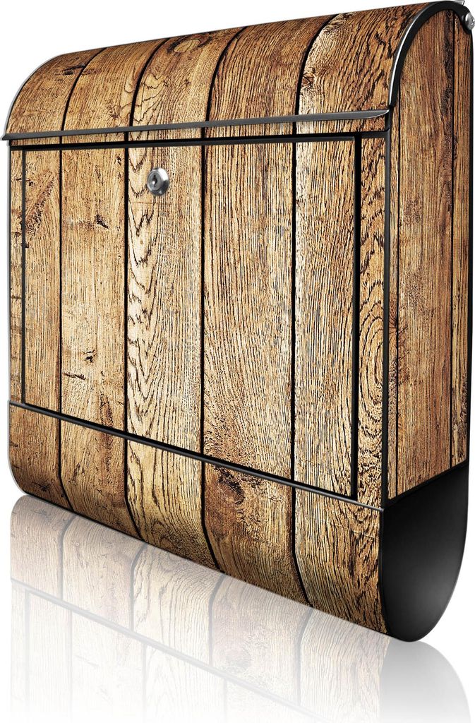 banjado Design Briefkasten Stahl schwarz mit Zeitungsfach pulverbeschichtet "Geöltes Holz" 38x46x12,5cm & 2 Schlüssel - Postkasten A4 Einwurf ink...