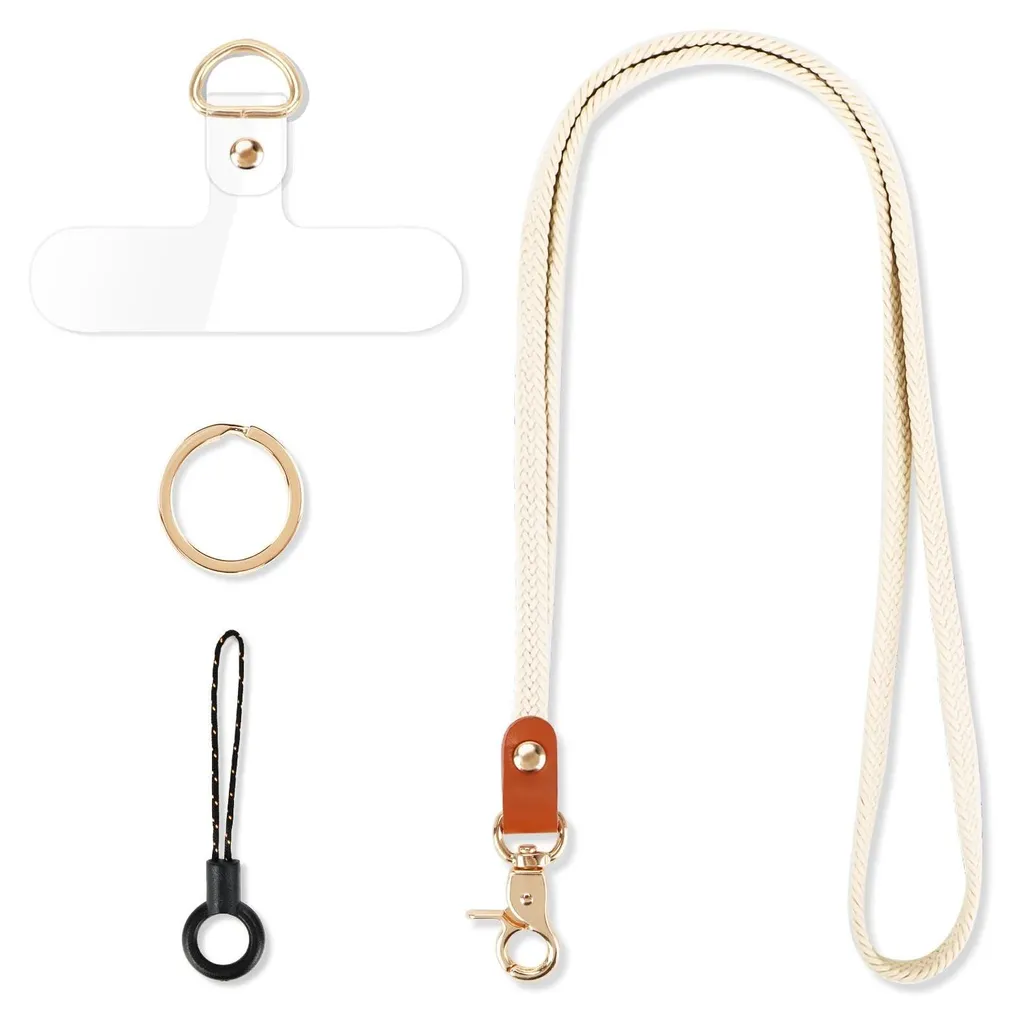 Lanière tour de cou porte-clés en coton beige avec mousqueton robuste