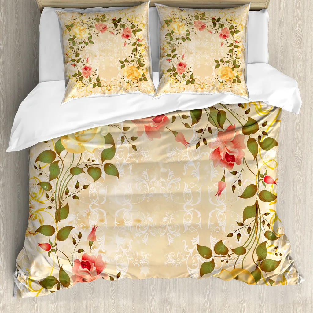 ABAKUHAUS Copripiumino vintage, foglie e fiori di rosa, antiacaro, adatto a chi soffre di allergie, con federe, 200 cm x 200 cm - 80 x 80 cm, giallo, verde, rosa