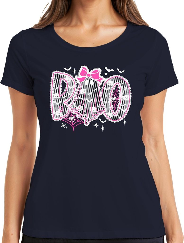 BOO Süßer Geist mit Schleife Halloween Rosa Spitze Fledermäuse Damen T-Shirt, Navy, L