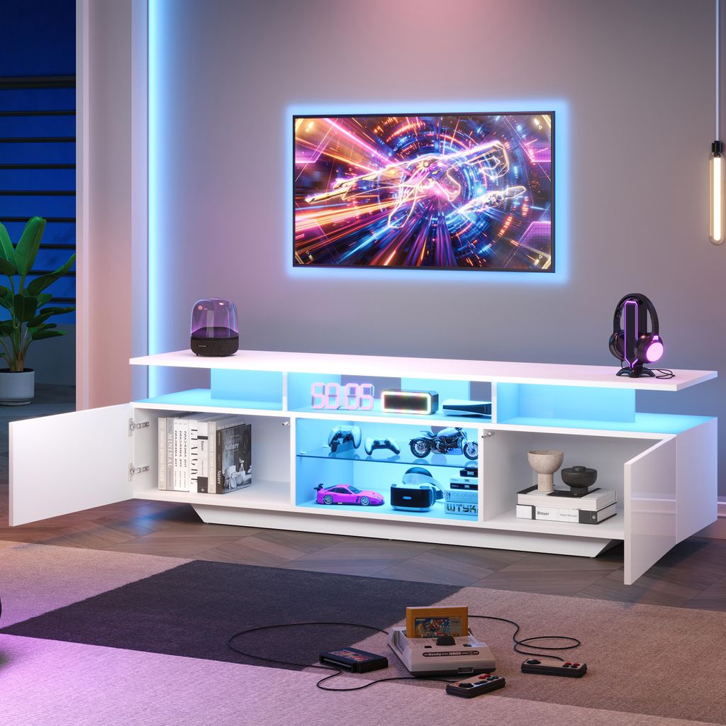 MODFU TV-Schrank Fernsehbank mit 2 Schränken, 3 halboffenen Regalfächern, gehärtetes Glas, LED-Steuerung via Handy-App, Weiß