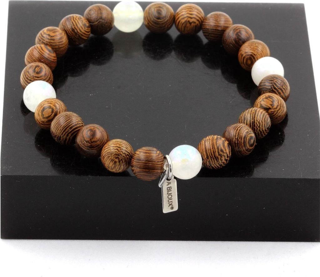 Armband Mondsteinperlen + Holz 8 mm