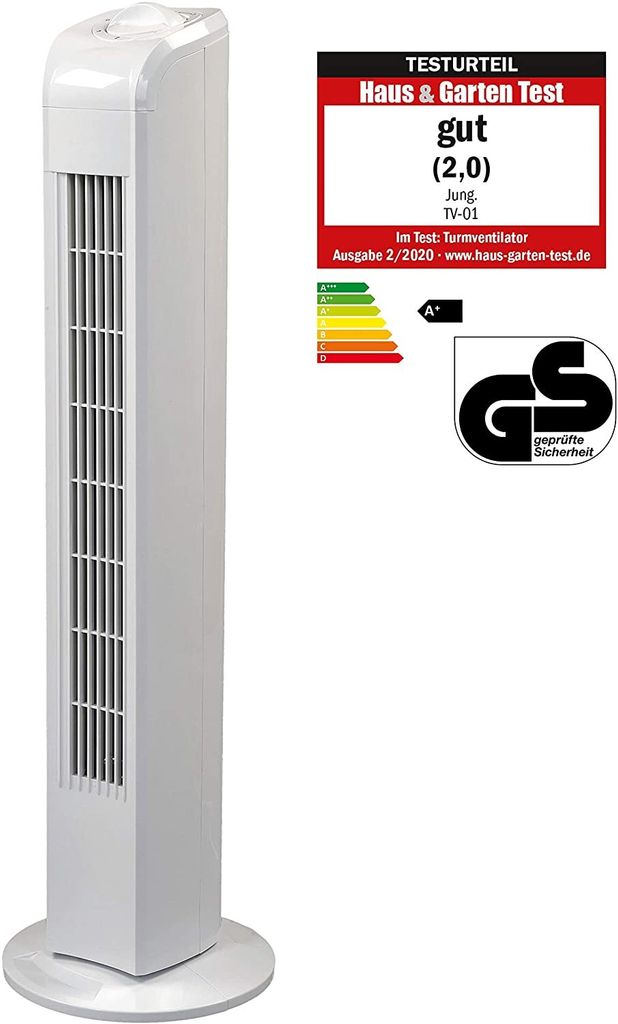 A white tower fan is shown next to product certification and energy efficiency labels.