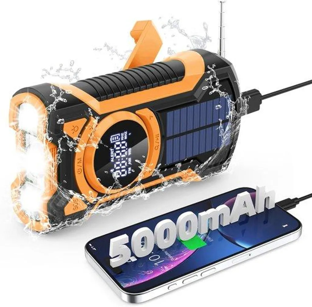 Radio Solaire Manivelle 5000mAh - Radio AM/FM Étanche IP65 Bluetooth 5.3