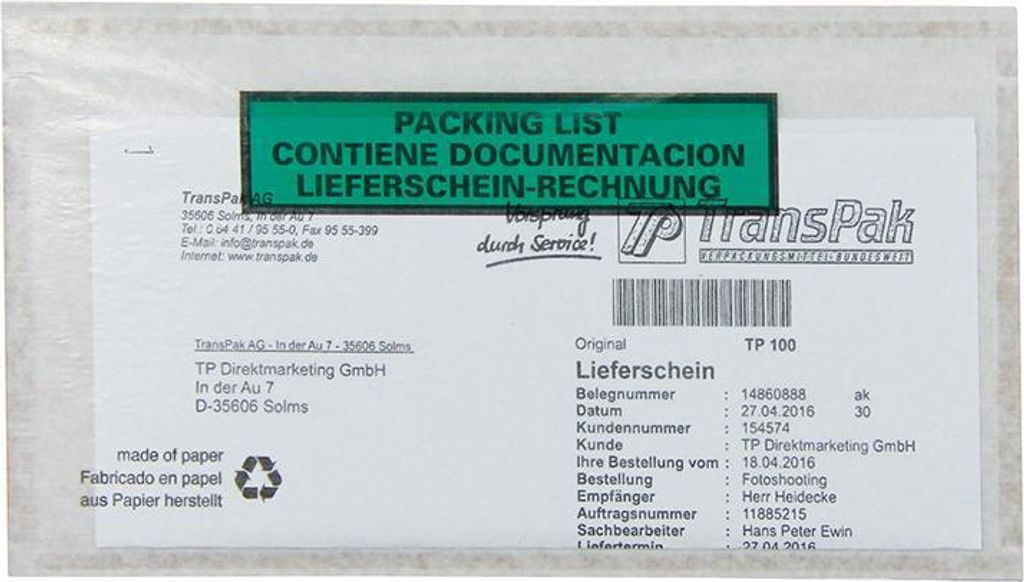 Dokumententaschen Maße 240x130mm weiß DIN-Lang Pergaminpapier TRANSPAK