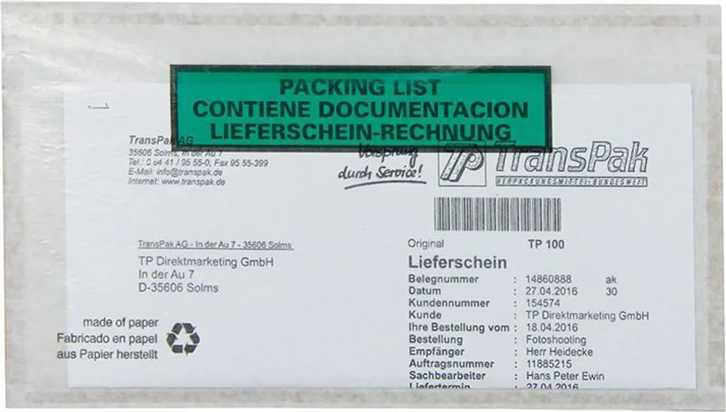 Pochettes de livraison 240x130mm papier pergamine pour bons et factures