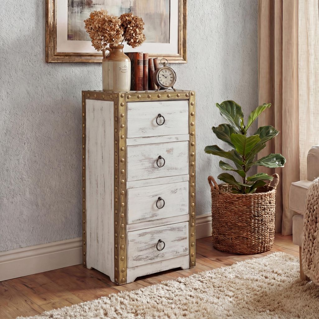 Kommode Duran, Schubladenkommode Schrank, 4 Schubladen 70x33x26cm Shabby-Look Vintage weiß