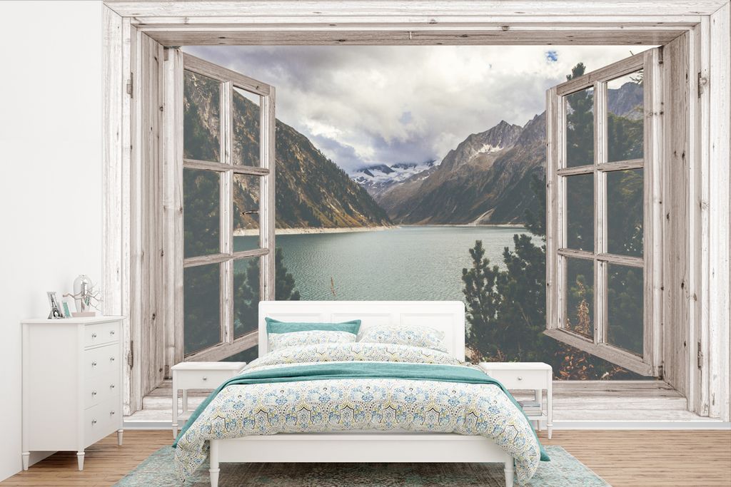MuchoWow Fototapete für Wohnzimmer oder Schlafzimmer Wandtapete Vinyl Motivtapete Aussicht - Wasser - Berg - 450x300 cm - Gemusterte