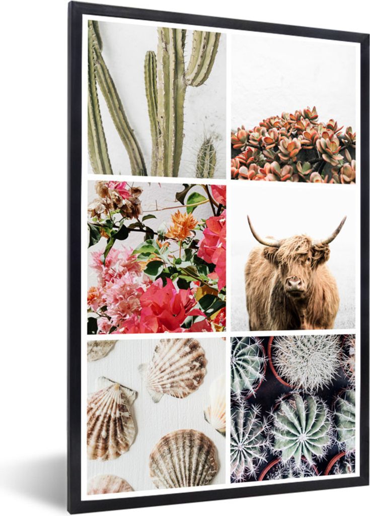 MuchoWow MuchoWow Gerahmtes Poster Schottisches Hochlandrind - Collage - Blumen - Kaktus 60x90 cm - Poster mit zchwarzem Bilderrahmen - Kunst