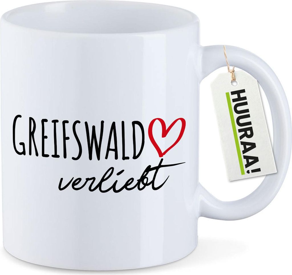Huuraa Kaffeetasse Greifswald verliebt 330ml Weiß Keramik Kaffeebecher Geschenkidee