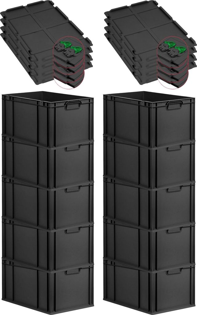 SuperSparSet 10x Eurobox NextGen Grip mit Scharnierdeckel und grünen Schiebeschnappverschlüssen | HxBxT 32x40x60cm | 65 Liter | Schwarz | Griffe ...