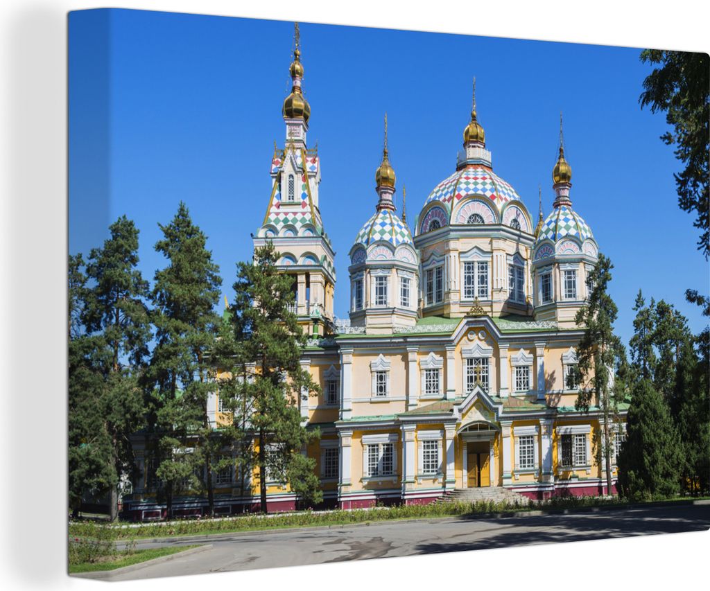 OneMillionCanvasses - Leinwandbilder - 140x90 cm, Die Kathedrale von Almaty zwischen Bäumen in Kasachstan, Wandbilder Kunstdruck Wanddekoration ...