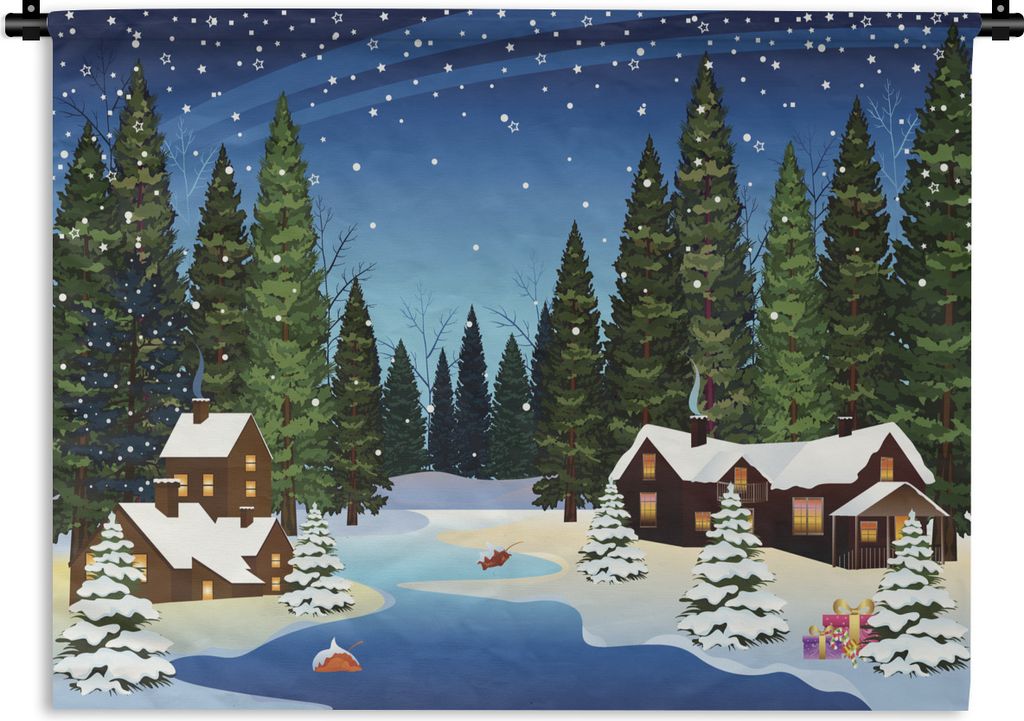 MuchoWow Wandteppich Wandbehang Eine Illustration eines verschneiten Waldes bei Nacht 150x112.50 cm Tapisserie Dekoration Wandtuch - Wanddecke - ...