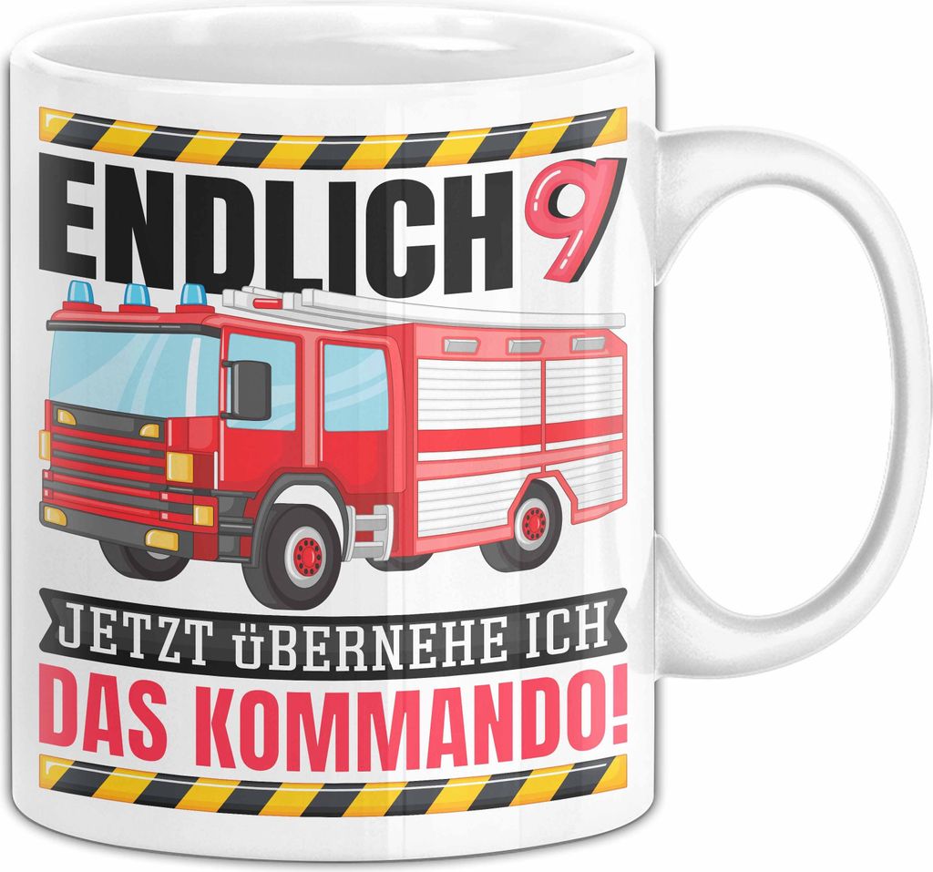 9. Geburtstag Geschenk Tasse Becher Feuerwehr Fan Jungs Jetzt Übernehme Ich Das Kommando Endlich 9 (Weiß)