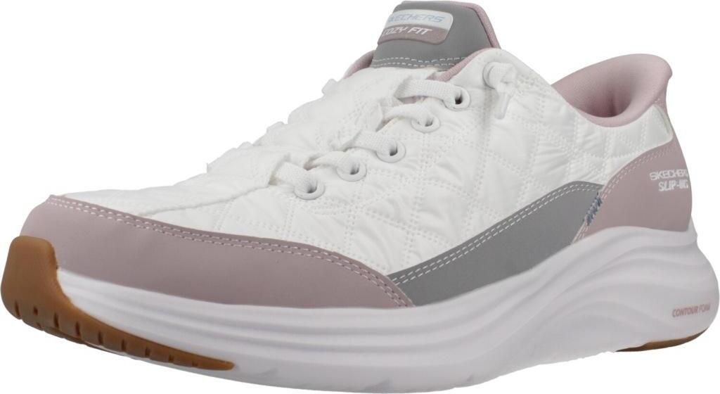 A single white sneaker with pink and gray accents is shown against a white background.
