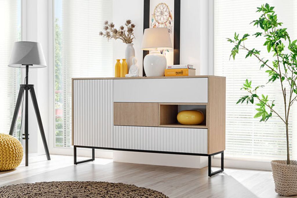 Kommode Sideboard Zoe 148,5x40x88cm Herringbone Skandi weiß 1-türig MDF grifflos