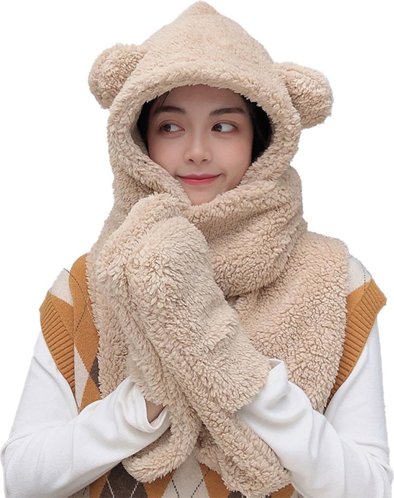 3 In 1 Winter Mütze Schal Damen niedlichen Bär Kapuzenschal Produktbild 