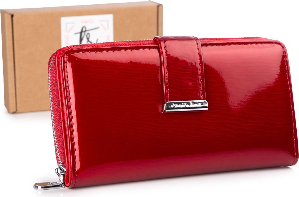 ennifer Jones Damen Echtleder Portemonnaie, Geldbörse Geldbeutel Portmonee groß, RFID-Schutz, 17 Kartenfächer, lackiert, mit Reißverschluss Rot