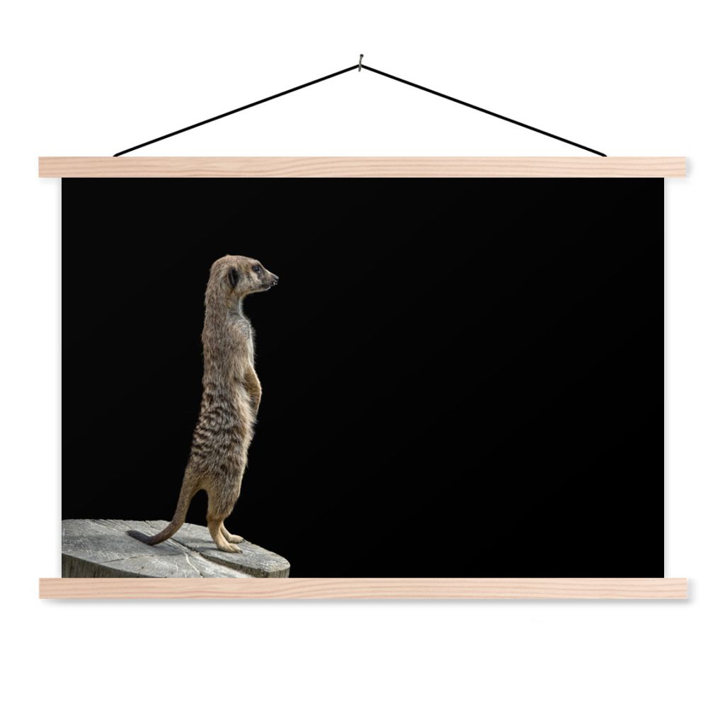 MuchoWow Textilposter Erdmännchen - Wilde Tiere - Schwarz 120x80 cm mit holzfarbenen Rahmen - Aufhängeset