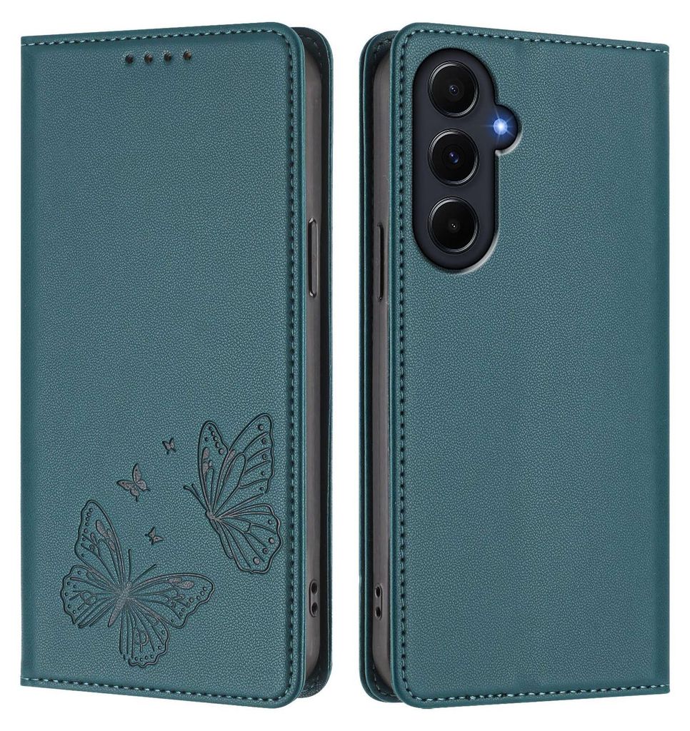 Lederhülle für Samsung Galaxy A55, Schmetterling Prägung Leder Brieftasche Schutzhülle mit Ständer Grün