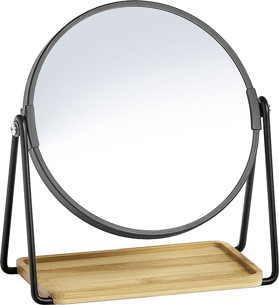 A round makeup mirror with a black metal frame and stand, featuring a small bamboo tray at the base.