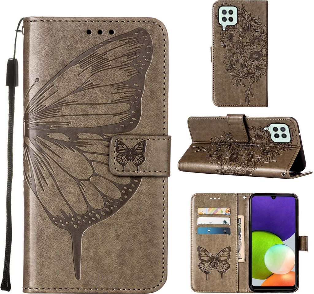 Galaxy A22 4G Hülle, Schmetterling Prägung Flip Leder Kartenfächer Schutzhülle Ledertasche mit Ständer für Samsung Galaxy A22 4G Grau