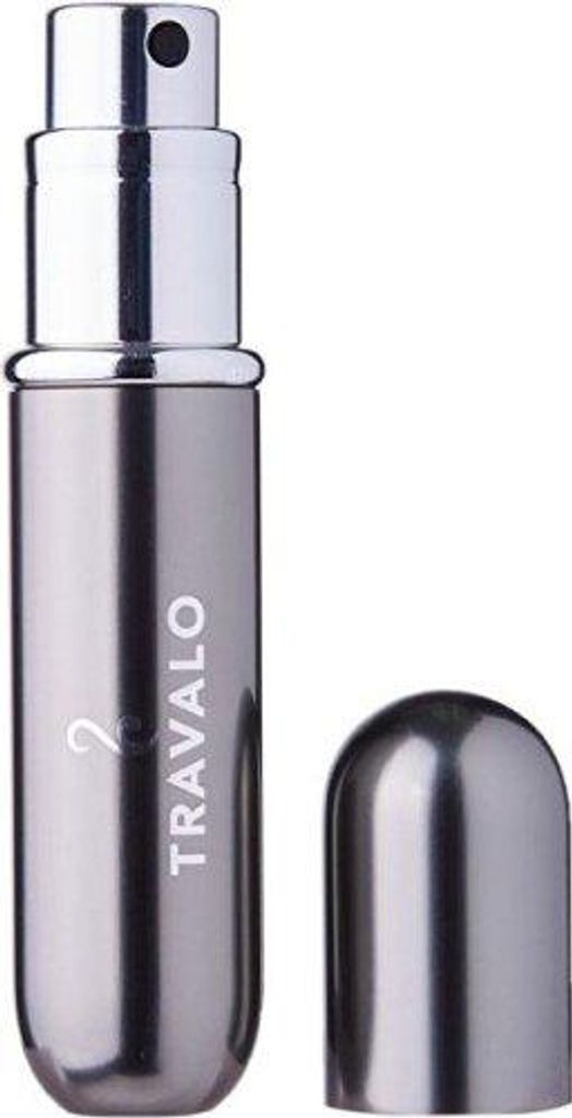 A silver perfume atomizer with its cap off, shown against a white background.