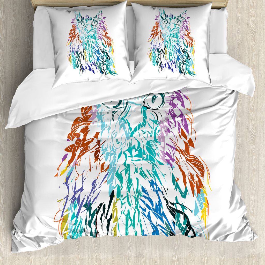 ABAKUHAUS Eule Bettbezug, Federn Augen Vision, Milbensicher Allergiker geeignet mit Kissenbezügen, 200 cm x 200 cm - 80 x 80 cm, Mehrfarbig