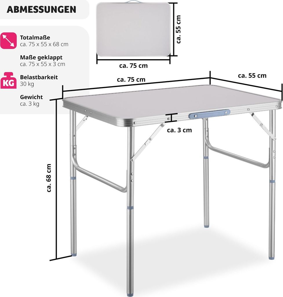 Camping Klapptisch aus Aluminium 75x55x68cm - grau Produktbild 5