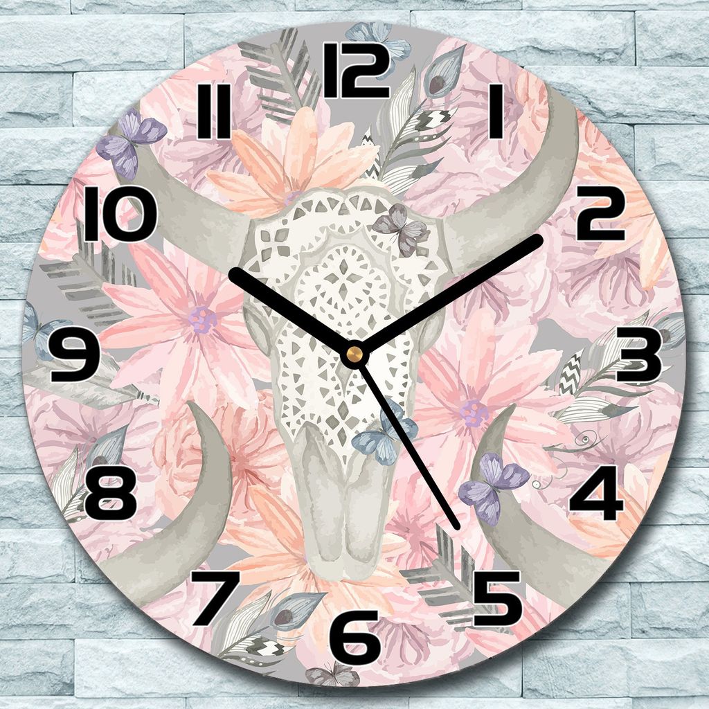 Wanduhr aus Glas Rund fi 30 Totenkopf Blume grau Quarz Deko Schlafzimmer Büro