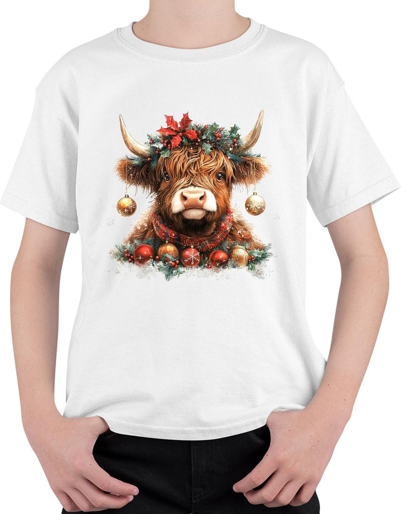 Highland Rind Weihnachten mit Kranz Stechpalme Schneeflocke Retro Uni Kinder T-Shirt, Weiß, 128