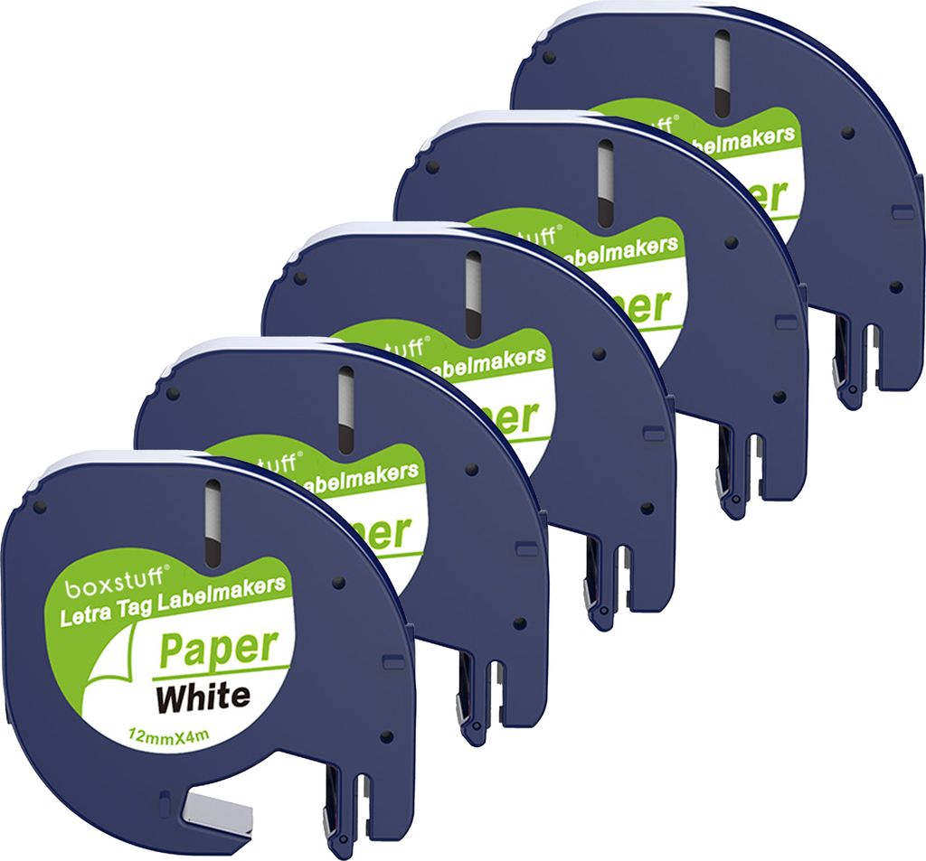 Boxstuff - Dymo LetraTag 91200 - S0721510 - Etikettenband - Schwarz auf weißem Papier - 12 mm x 4 m - 5 Stück